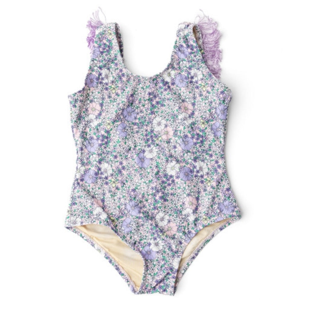 Flower Power Purple Fringe Back Swimsuit & Skirt Set