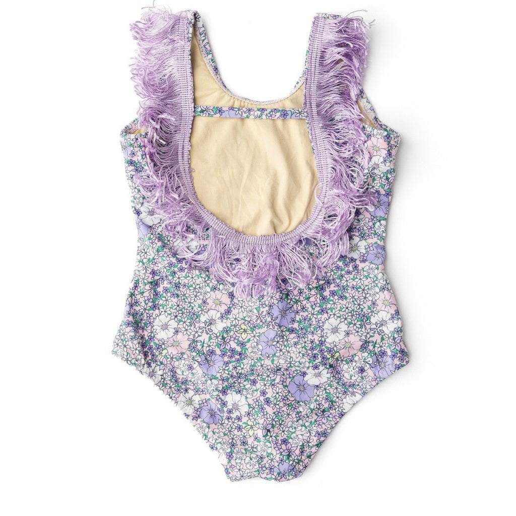 Flower Power Purple Fringe Back Swimsuit & Skirt Set