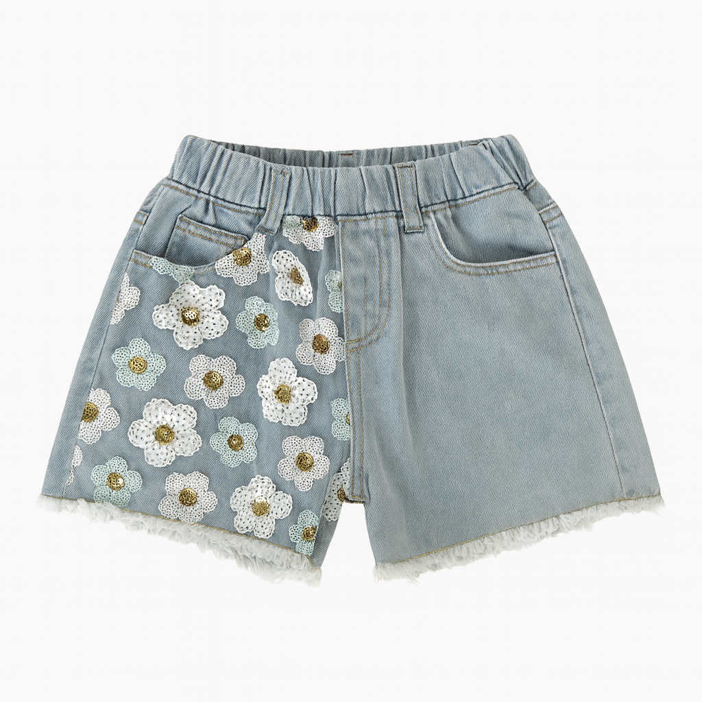 Denim Short with Embo Flowers