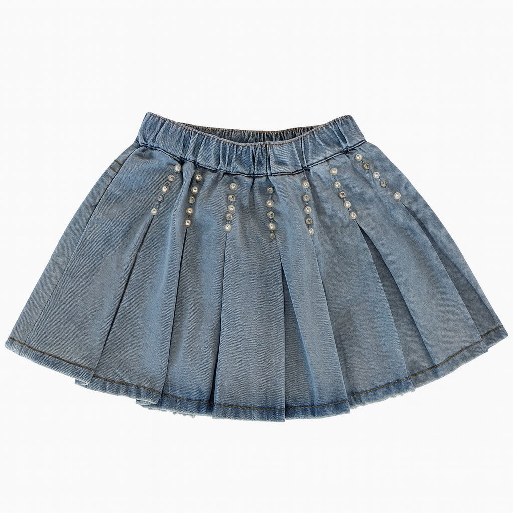 Embellished Denim Pleat Skirt