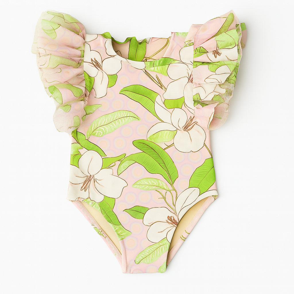 Hibiscus Botanical Pink Girls Tulle Sleeve Swimsuit