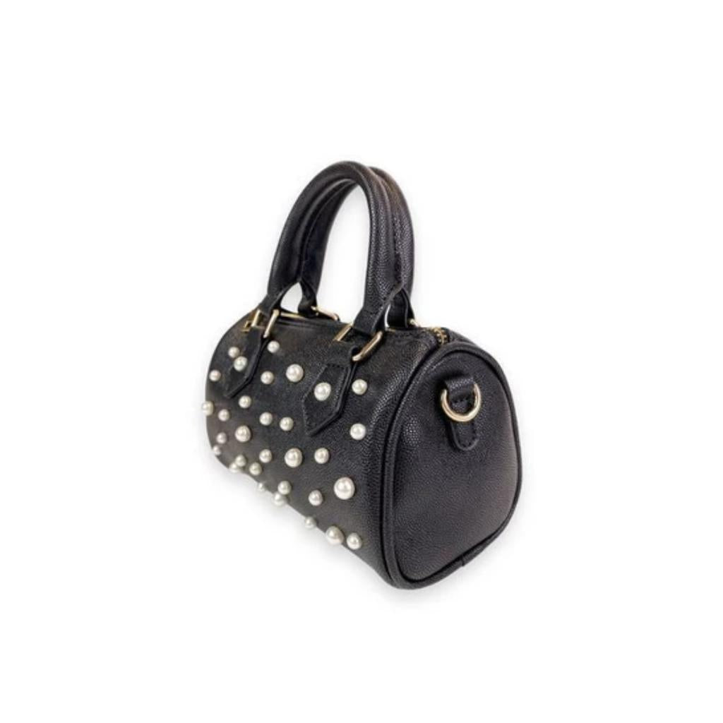 Black Pearl Studs Leather Barrel Bag