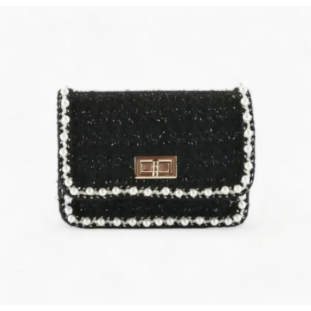 Black Pearl Trim Tweed Purse