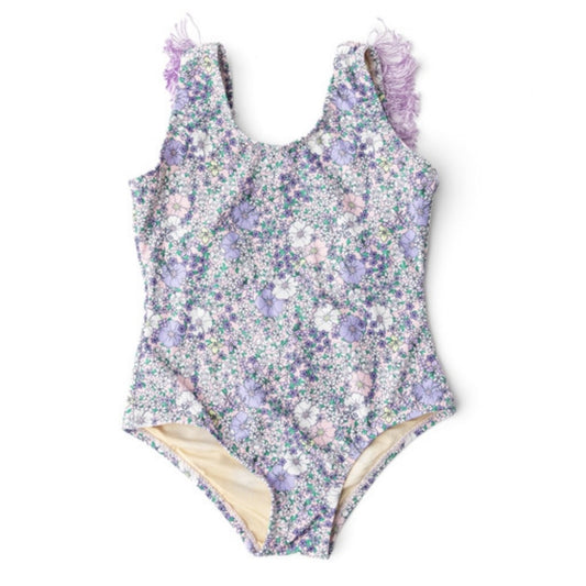 Flower Power Purple Fringe Back Swimsuit & Skirt Set