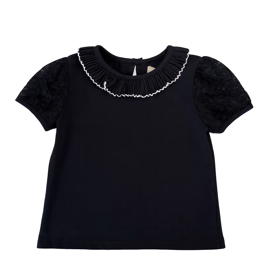 Black Lace Puff Sleeve Pleat Tee