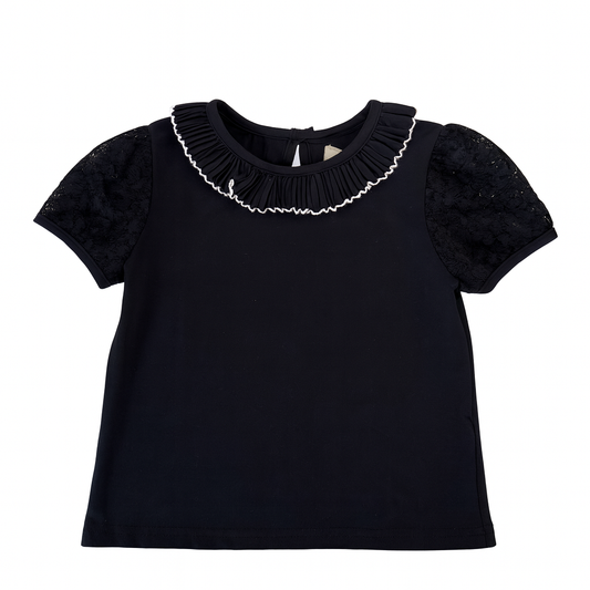 Black Lace Puff Sleeve Pleat Tee
