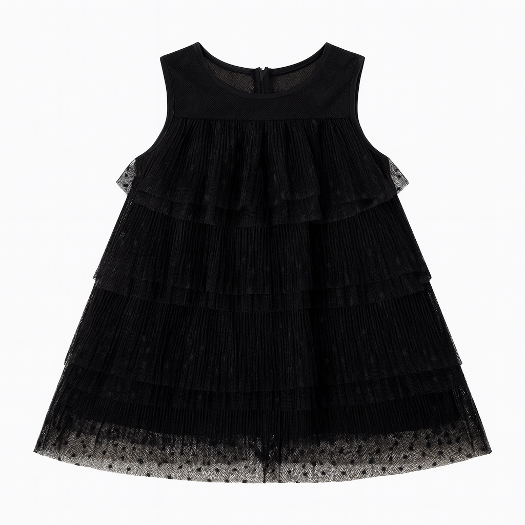 Black S/L Dotted Tier Dress