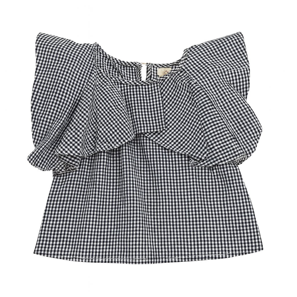 Black Slvls Rose Putt Ruffle Cheacked Top