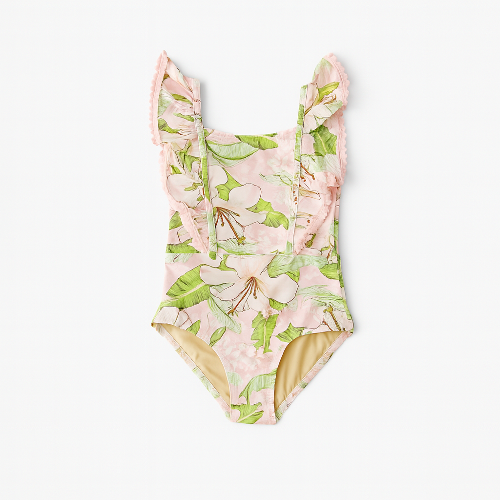 Ruffle Shoulder Hibiscus Pink Botanical Swimsuit