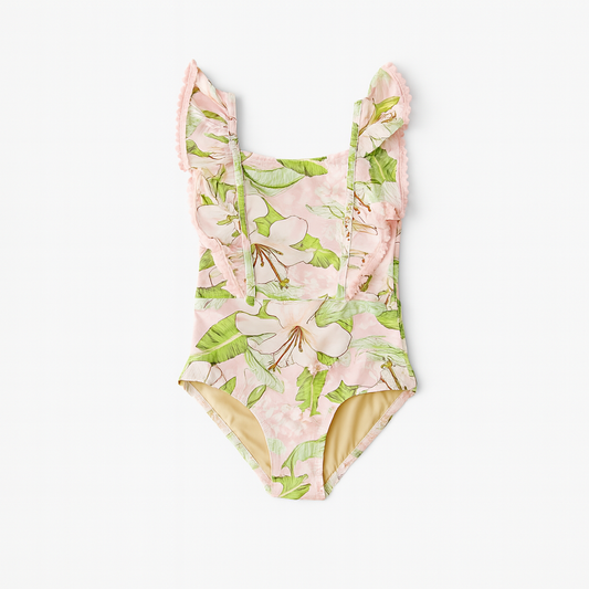 Ruffle Shoulder Hibiscus Pink Botanical Swimsuit