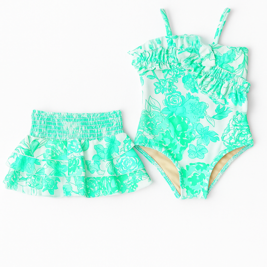 Ruffle Charming Rose Swimsuit & Skirt Set