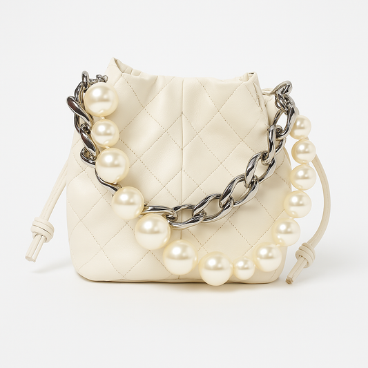 White Pearl Handle Quilted Bucket Bag
