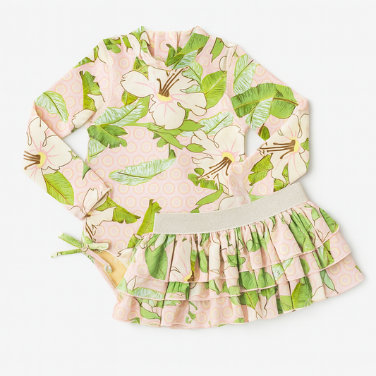 Hibiscus Botanical Pink Girls L/S  & Tutu Swimsuit Set