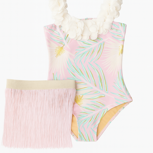 Pink & Green Metallic Girls Hula Swimsuit & Skirt Swim Set