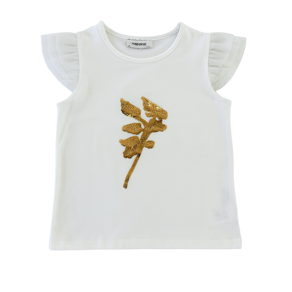 White Cap Slv Knitted Tee w/Leaf Sequin Patch