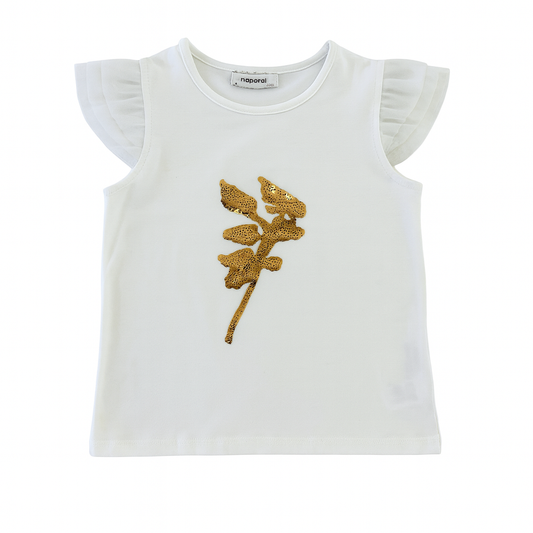 White Cap Slv Knitted Tee w/Leaf Sequin Patch