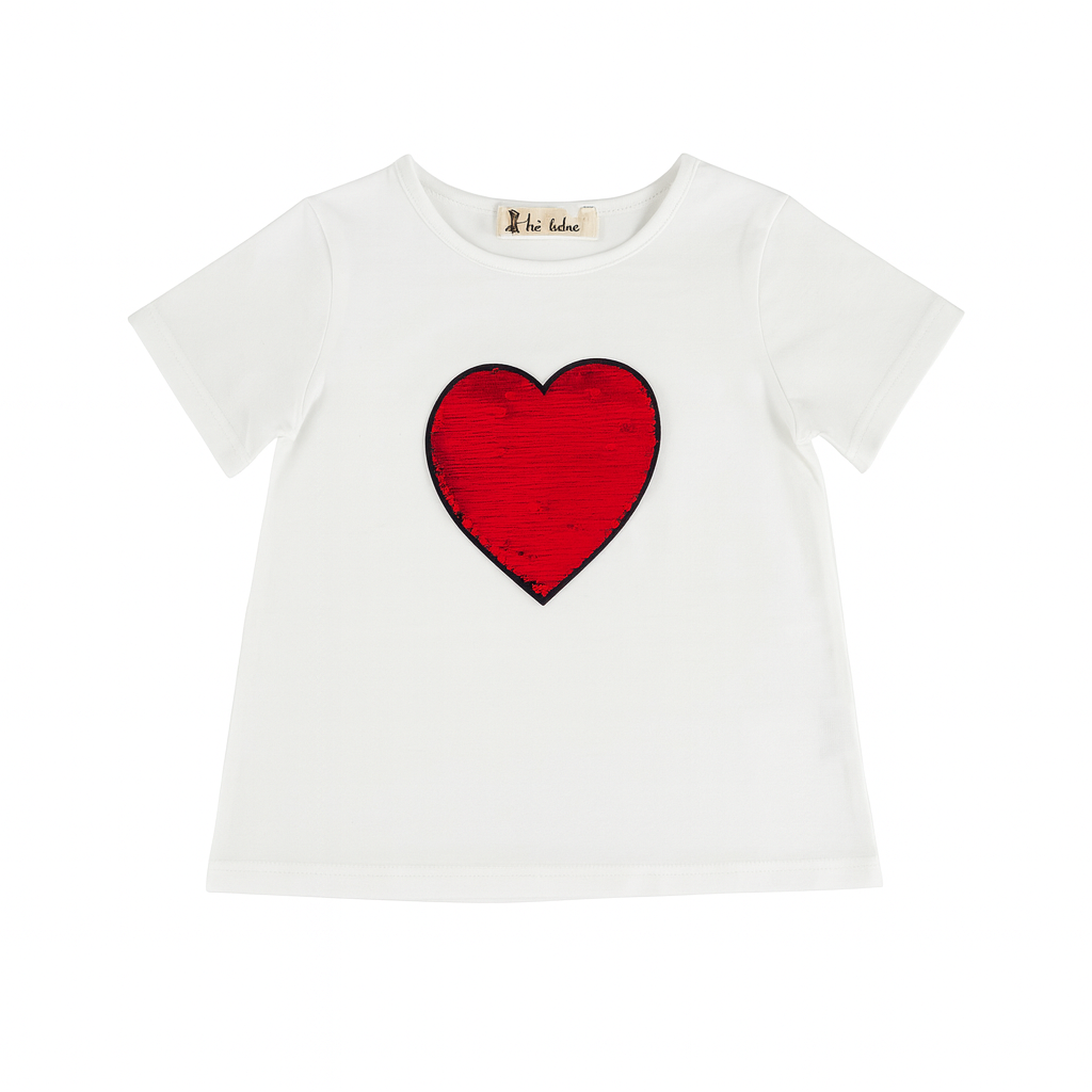 White Knit Tee Heart Sequined Patch