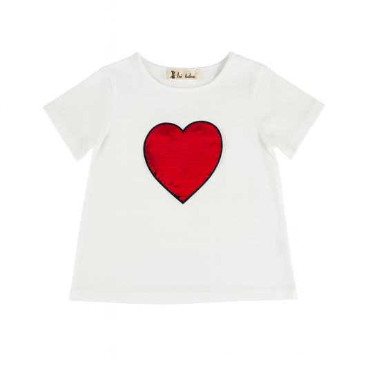 White Knit Tee Heart Sequined Patch