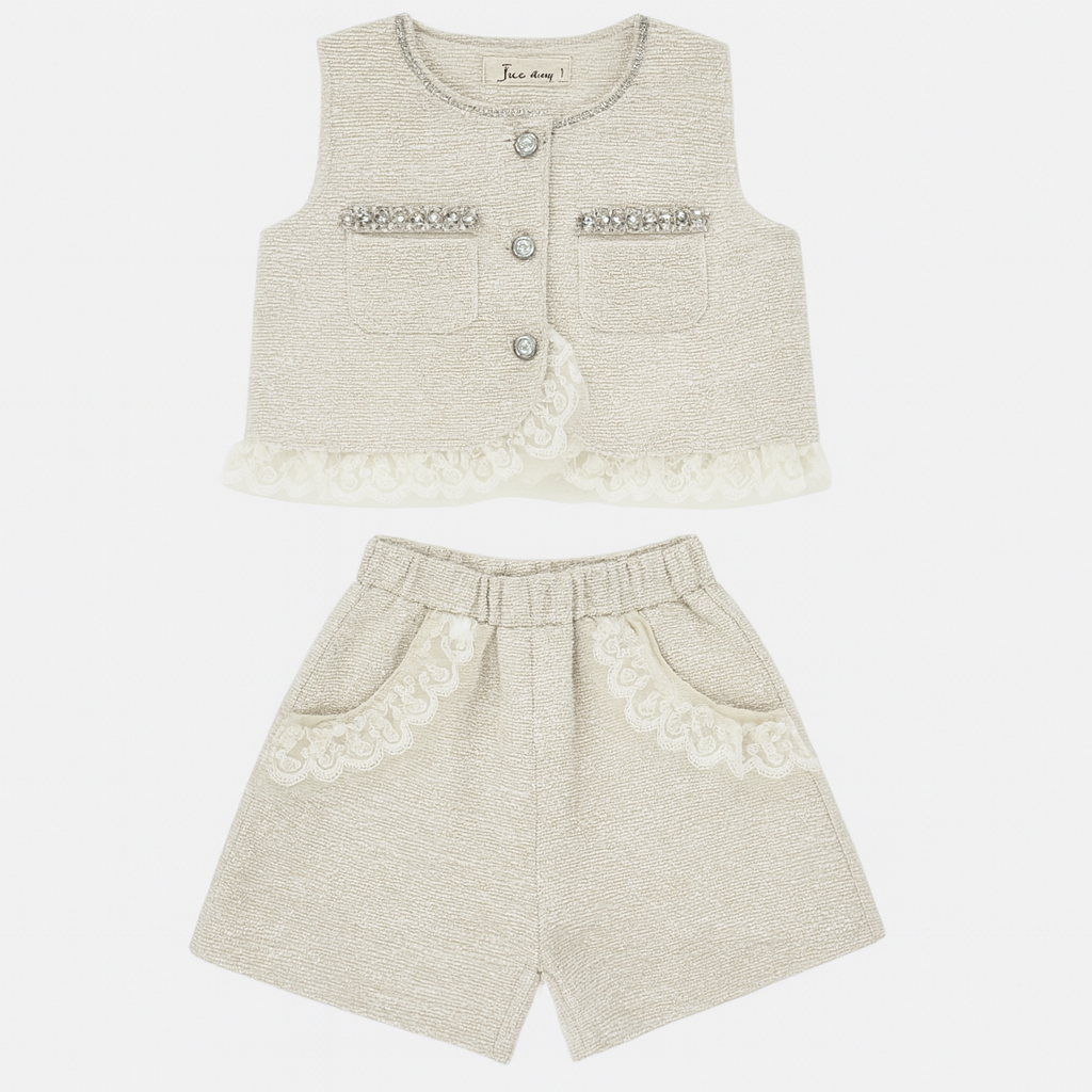 Biege Tweed Vest & Short Set