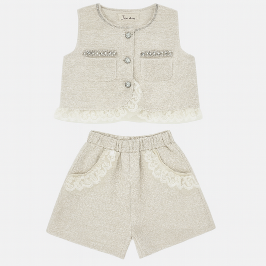 Biege Tweed Vest & Short Set
