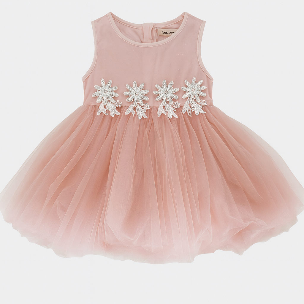 Pink Floral Waist Trim Tulle Dress
