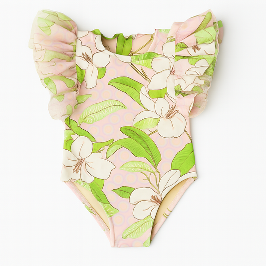 Hibiscus Botanical Pink Girls Tulle Sleeve Swimsuit