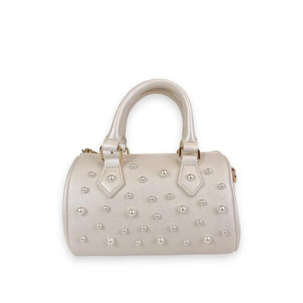 White Pearl Studs Leather Barrel Bag