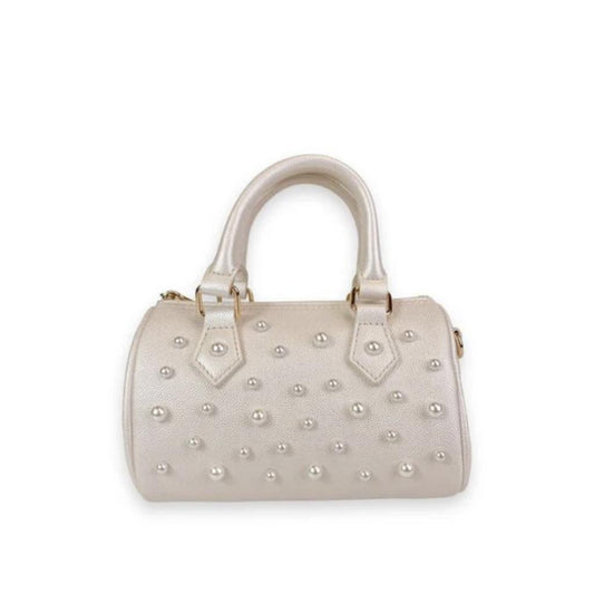 White Pearl Studs Leather Barrel Bag