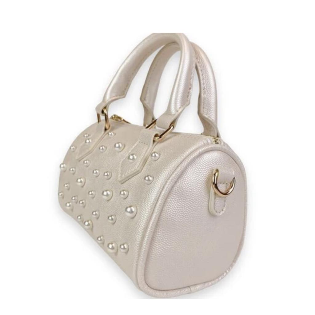 White Pearl Studs Leather Barrel Bag