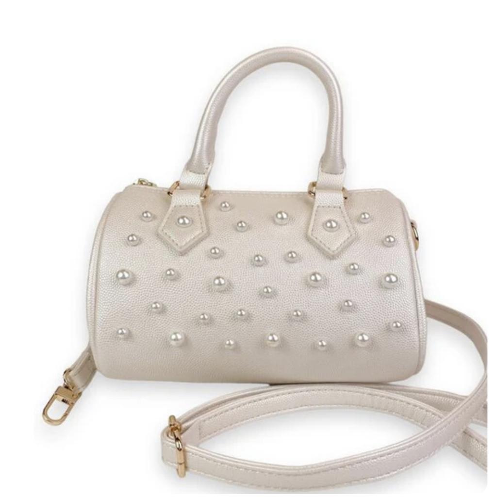 White Pearl Studs Leather Barrel Bag