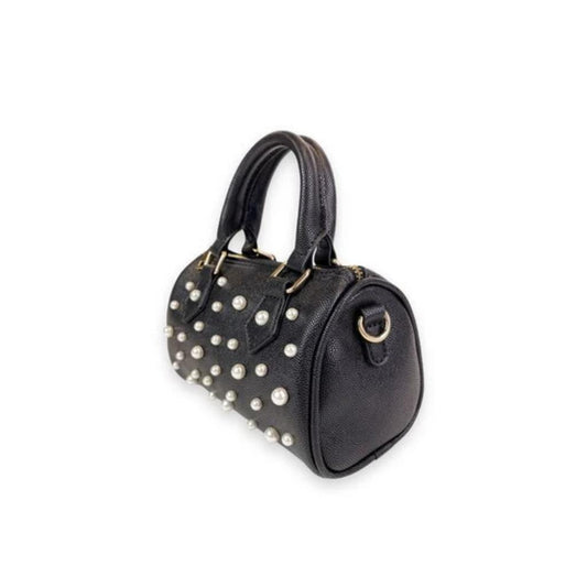 Black Pearl Studs Leather Barrel Bag