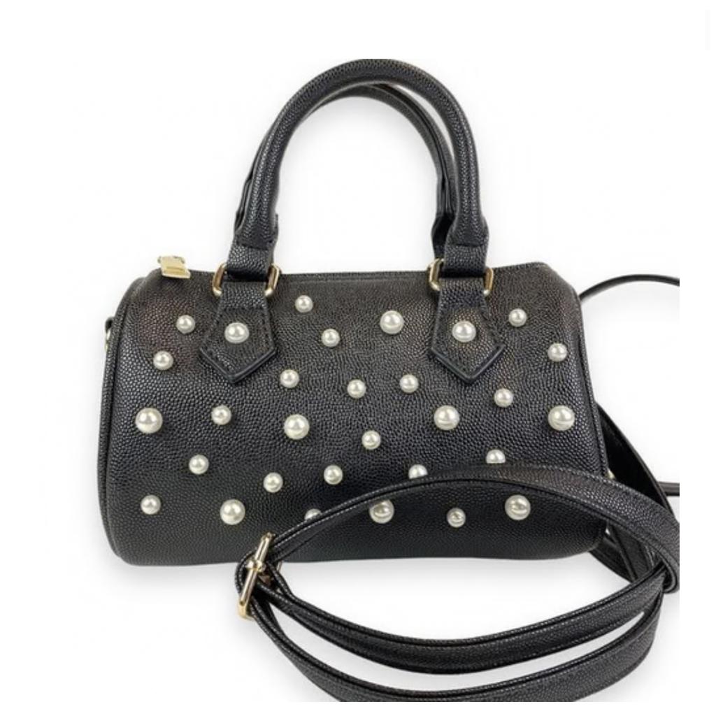 Black Pearl Studs Leather Barrel Bag