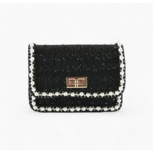 Black Pearl Trim Tweed Purse