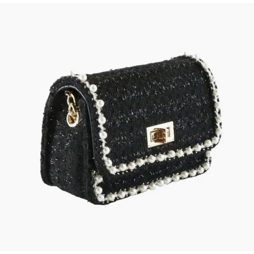 Black Pearl Trim Tweed Purse