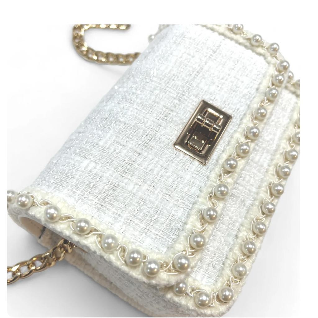 White Pearl Trim Tweed Purse