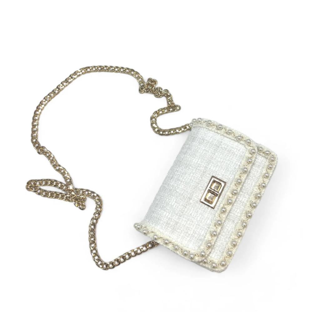 White Pearl Trim Tweed Purse