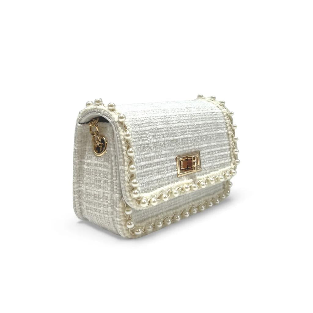 White Pearl Trim Tweed Purse