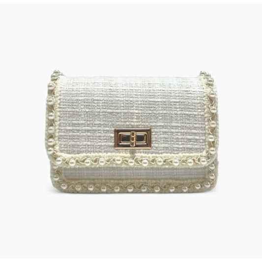White Pearl Trim Tweed Purse