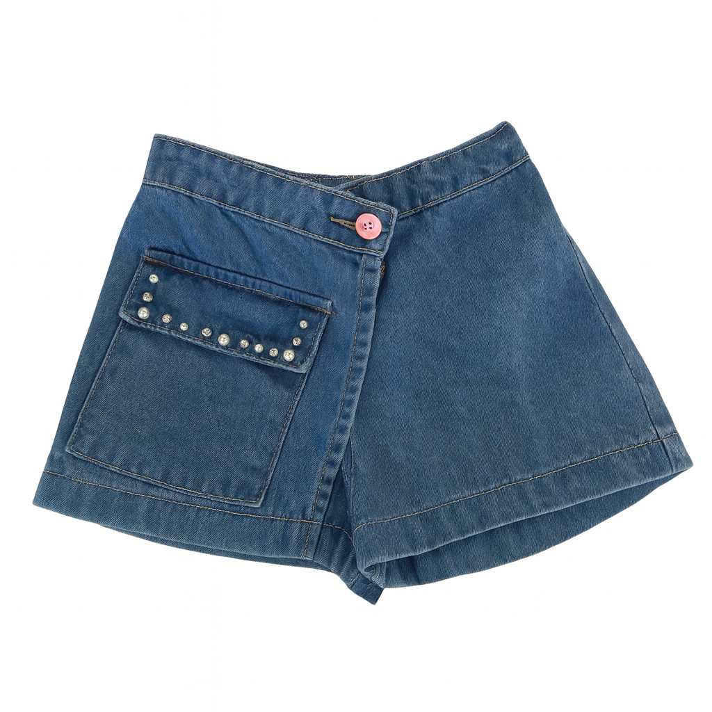 Blue Front Wrap Dinim Short W Rinestones
