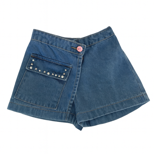 Blue Front Wrap Dinim Short W Rinestones